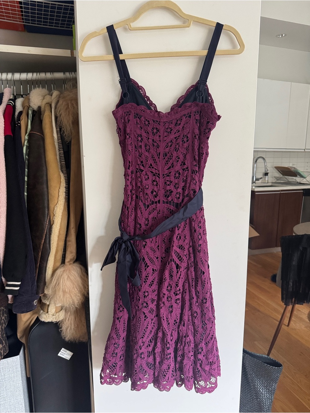 Betsey Johnson Plum Lace Midi Dress with Black Ribbon - SIZE 4 - Picture 4 of 4